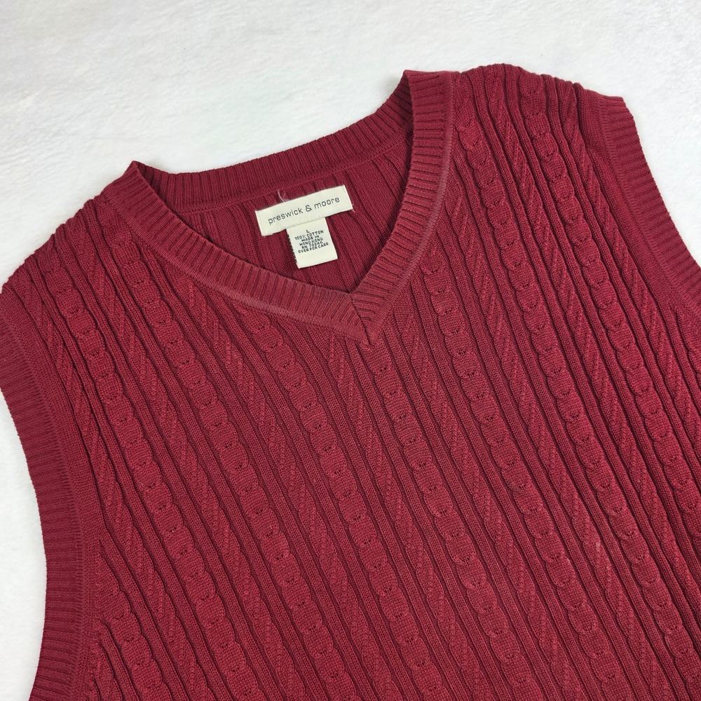 Preswick & Moore Mens Large Burgundy Red‎ Cable Knit Cotton V-Neck Sweater Vest